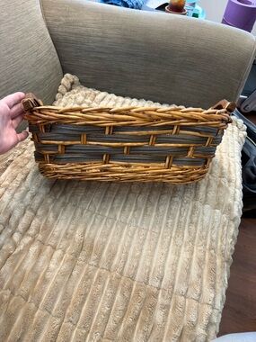 Woven Rattan Handled Basket Bag in Brown and Gray